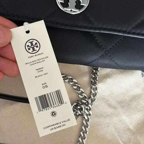 New Tory Burch WILLA QUILTED NYLONCHAIN WALLET Black - Picture 6 of 11